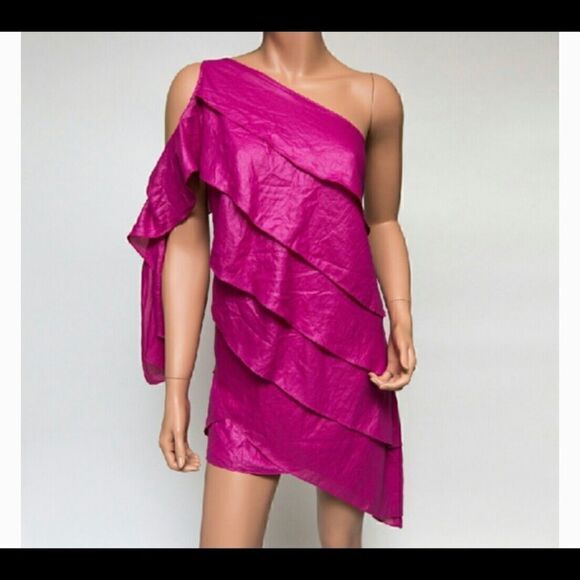 BCBGMAXAZRIA PINK FLAIR ONE SHOULDER TIERED DRESS… S - Picture 2 of 5